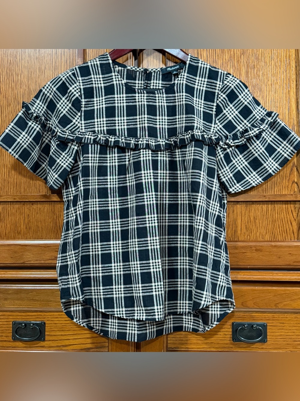 Madewell Metallic Glimmer Plaid Ruffle Yoke Top Shimmer Boho Preppy AC718